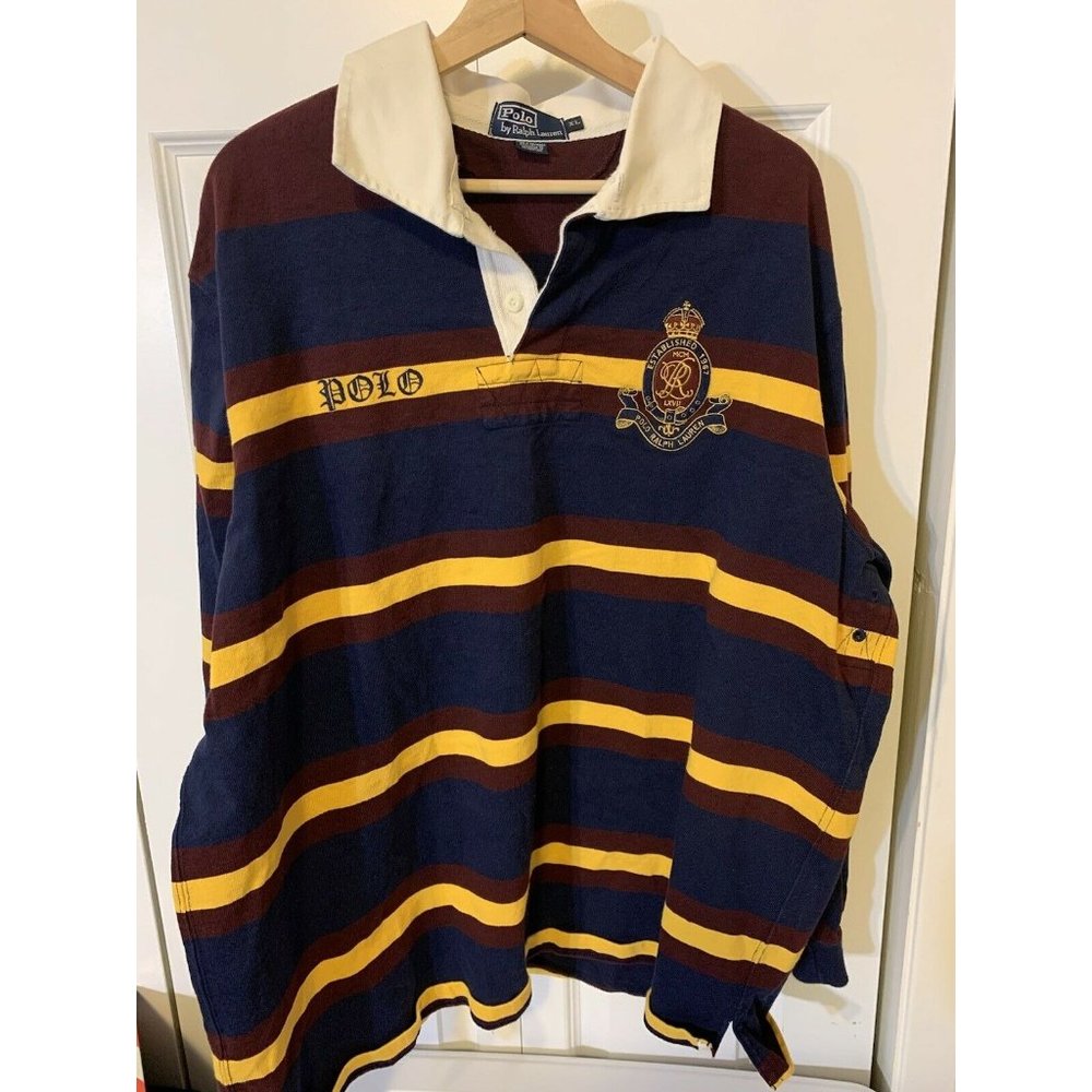 Vtg Polo Ralph Lauren Men’s Sz XL‎ Striped Polo Rugby Shirt Heavy No 8 Colorful - Picture 7 of 10